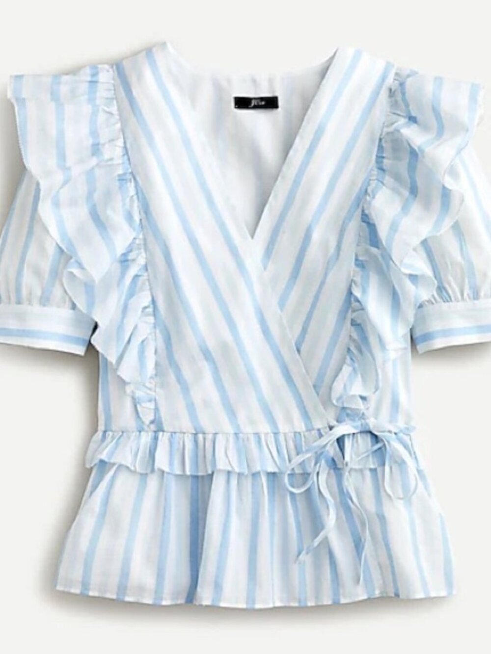 NWT J. CREW Ruffle Wrap Top in Blue White Stripe Size Large